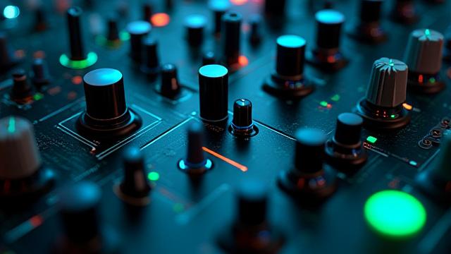 Render 3D de un sintetizador modular con cables y luces, representando el diseño de instrumentos virtuales.